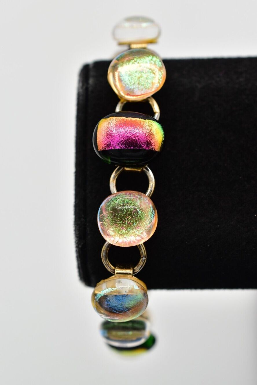 Vintage Dichroic Glass Cabochon Bracelet Linked Chain Iridescent Rainbow BinAD